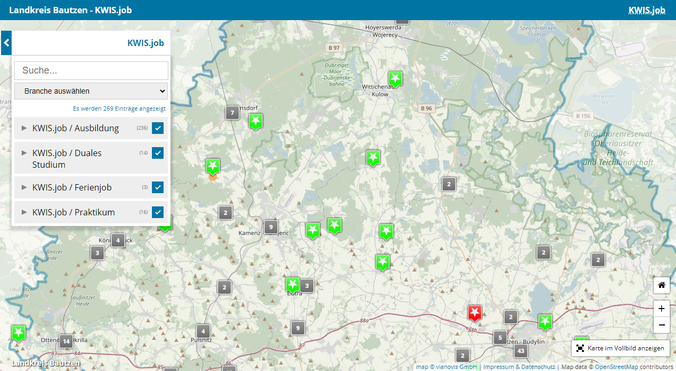 Berufelandkarte Landkreis Bautzen Bild der Berufelandkarte mit angezeigten freien Ausbildungsplätzen