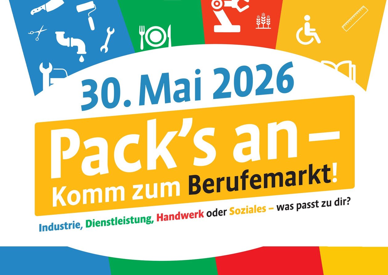 Blau, Grün, Rot und Gelb im Hintergrund, Schriftzug mit dem Hinweis auf die Veranstaltung Berufemarkt Kamenz