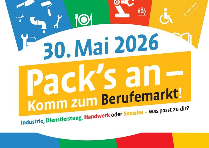 Slogan 30. Mai 2026. Packs an. Komm zum Berufemarkt . Grafische Element