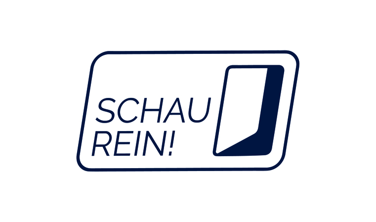 Die Abbildung zeigt das Logo der Woche der offenen Untenehmen: Den Schriftzug "Schau rein" und eine offene Tür.