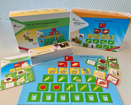 Das Brettspiel zeigt eine Ernährungspyramide mit farbigen Ebenen für verschiedene Lebensmittelgruppen: unten gesunde Lebensmittel wie Obst und Gemüse, oben weniger gesunde wie Süßigkeiten und Snacks.