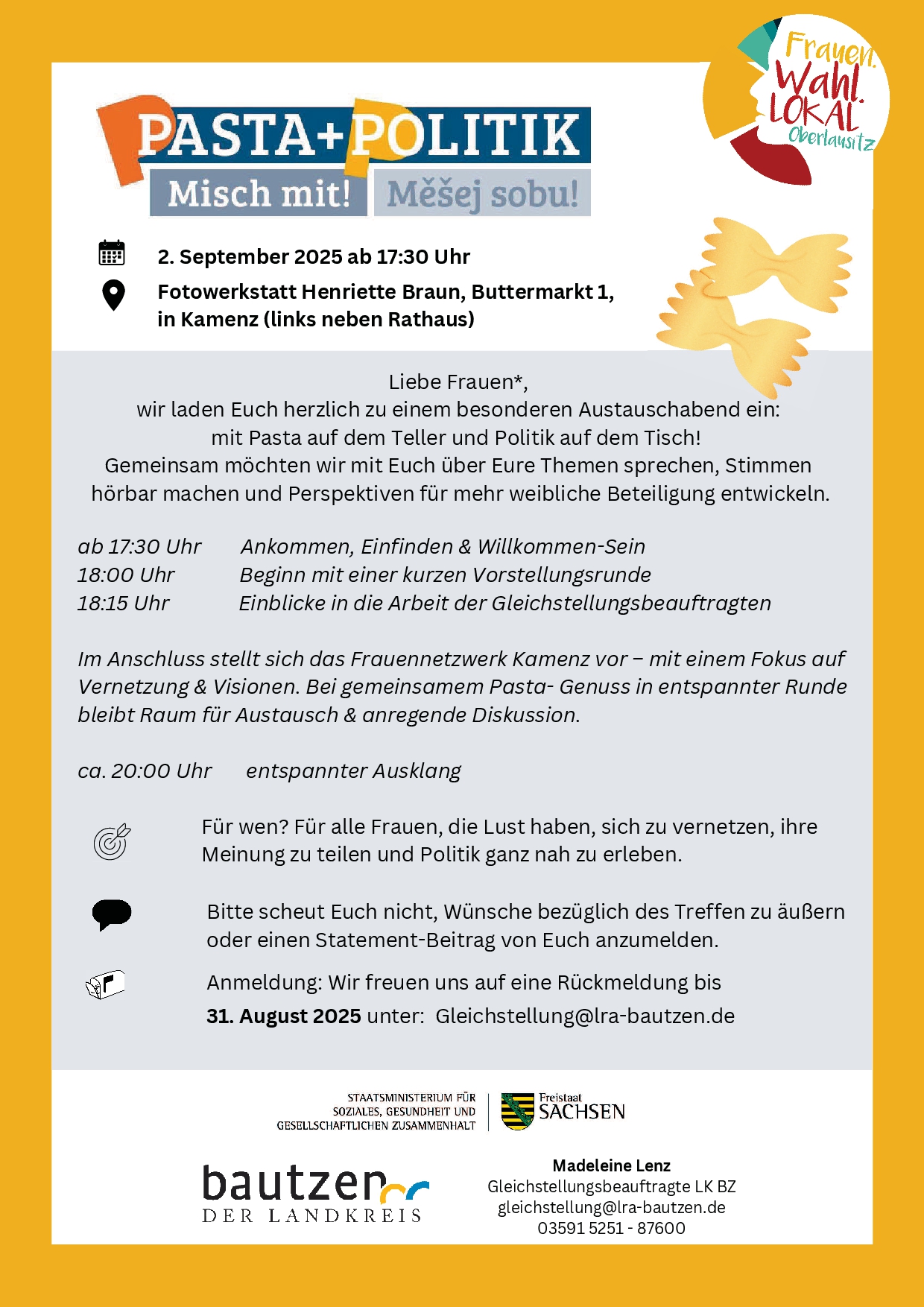 Sie sehen ein Text mit der Einladung zum Treffen Pasta und Politik