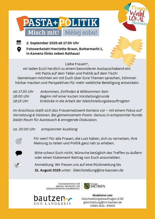 Sie sehen ein Text mit der Einladung zum Treffen Pasta und Politik