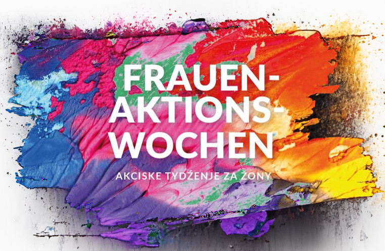 Logo der Veranstaltungsreihe: bunte Fareben und der Schriftzug "Frauenaktionswochen"