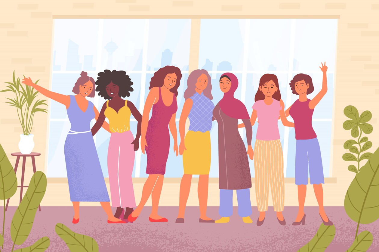 Sie sehen ein Bild mit vielen Frauen. Alle stehen zusammen und unterhalten sich. 