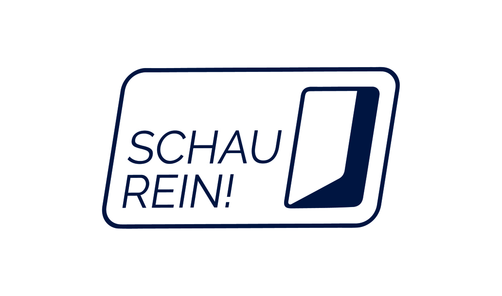 Die Abbildung zeigt das Logo der Woche der offenen Unternehmen: Den Schriftzug "Schau rein" und eine offene Tür.