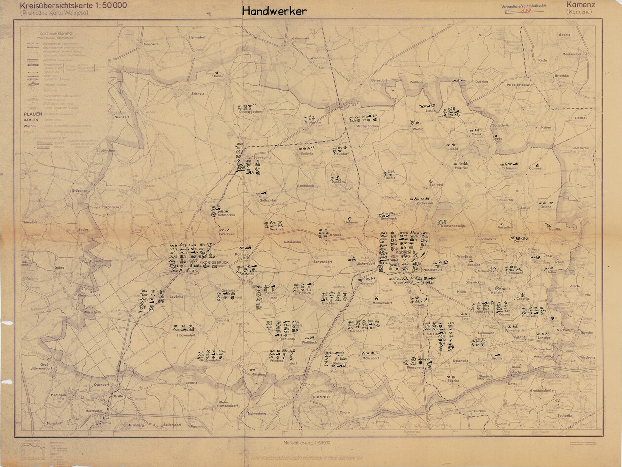 Foto einer historischen Lagekarte der Handwerksbetriebe im Kreis Kamenz um 1954