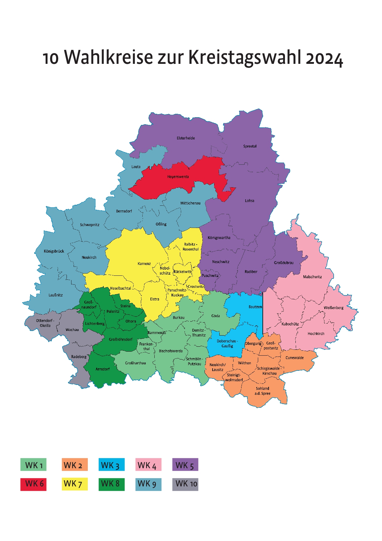 Das Bild zeigt eine Karte des Landkreises Bautzen mit der Einteilung der Wahlkreise für die Kreistagswahl 2024.