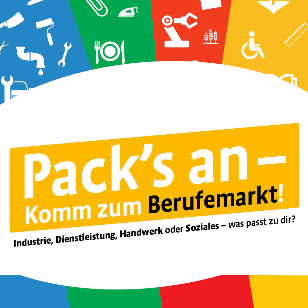 Logo des Berufemarktes:Kamenz graphische Elemente und der Schriftzug Packs an komm zum Berufemarkt