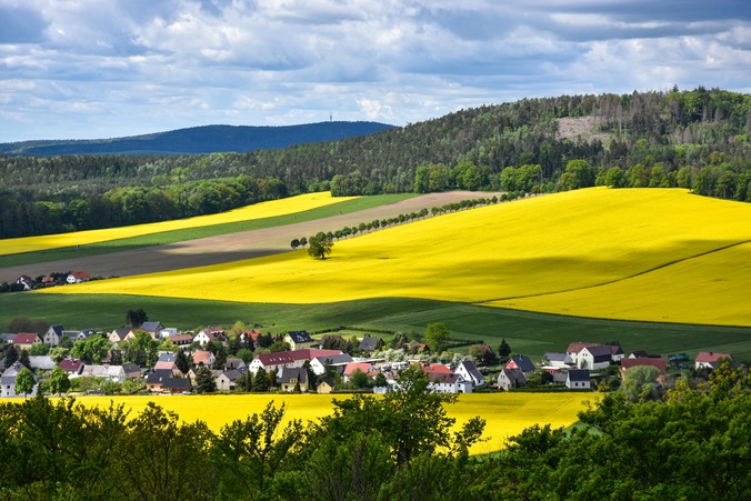 Blick vom Hutberg auf den Keulenberg und im Vordergrund Felder und Häuserreihen