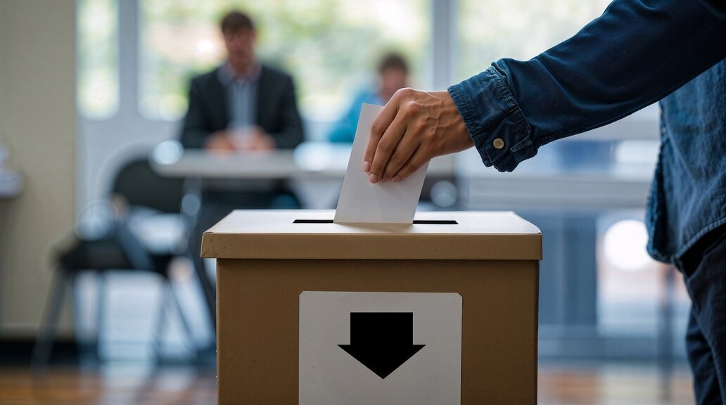 ein Mensch steckt einen Wahlzettel in eine Wahlurne