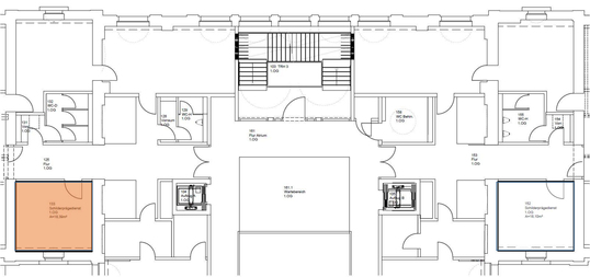 Grundrisszeichnung eines Gebäudes, ein Raum ist farblich hervorgehoben
