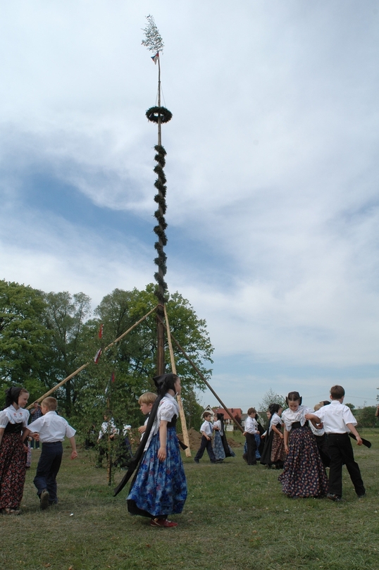 Jinge Leute in sorbischer Tracht tanzen um den Maibaum.