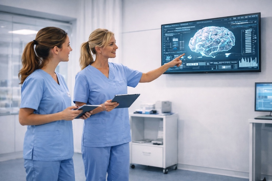 zwei Frauen schauen auf einen Monitor, Kleidung und Umgebung implizieren ein medizinisches Umfeld