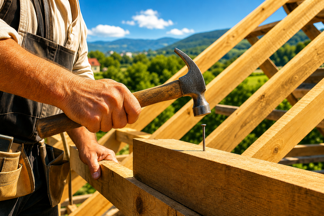 rechter Unterarm eines Zimmermanns bei seiner Arbeit auf dem Dachstuhl