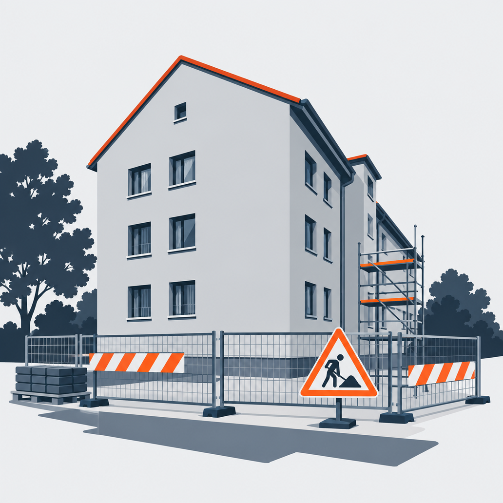 Wohnheim Radeberg mit einem exemplarischen Bauzaun