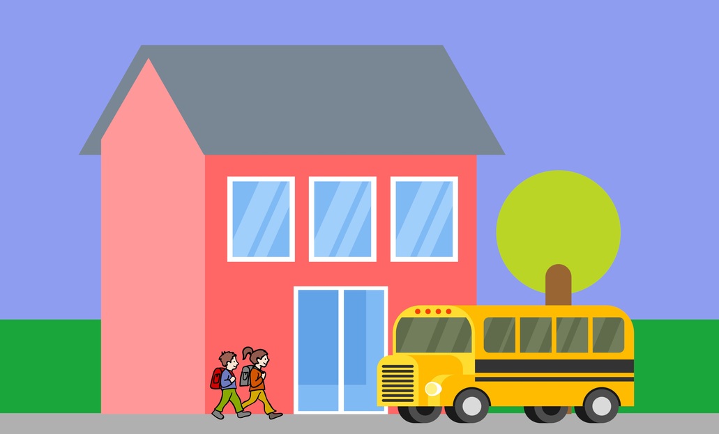 Piktogramm: ein Haus, davor zwei Schulkinder und ein Bus