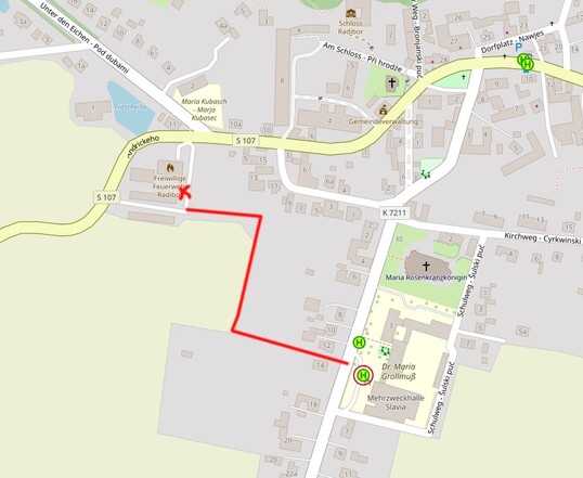 Kartendarstellung: Verlauf des Weges für Schulkinder von der Ersatzhaltestelle zur Schule