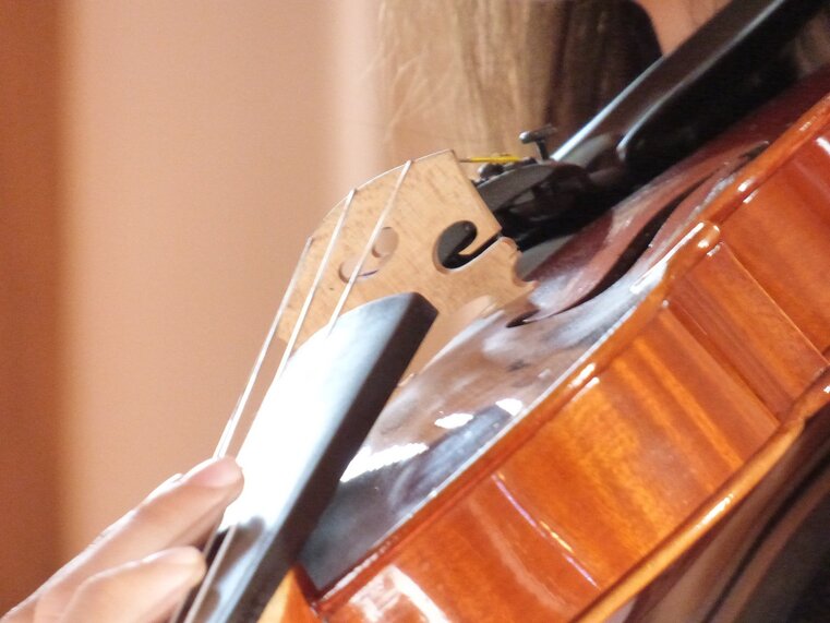 Detailaufnahme einer Violine. Drei Finger berühren die Saiten.
