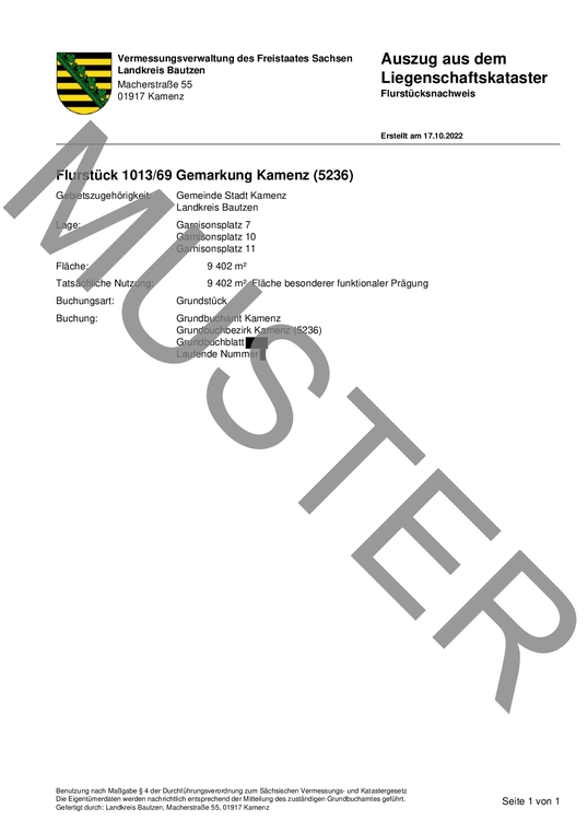 Darstellung eines Flurstücksnachweises ohne Bodenschätzung als Muster