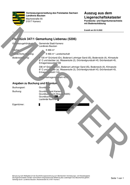 Darstellung eines Flurstücks- und Eigentumsnachweises mit Bodenschätzung als Muster