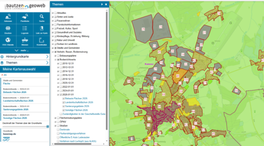 Anwendungsoberfläche des GeoWeb mit der Abbildung der aktuellen Bodenrichtwertzonen. 