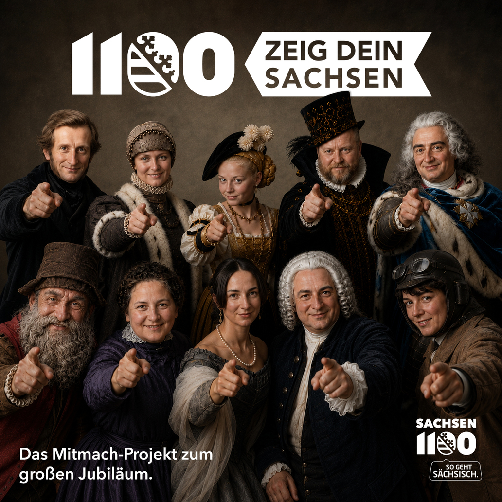 KI-generiertes Gruppenbild mit historischen Persönlichkeiten Sachsens 
