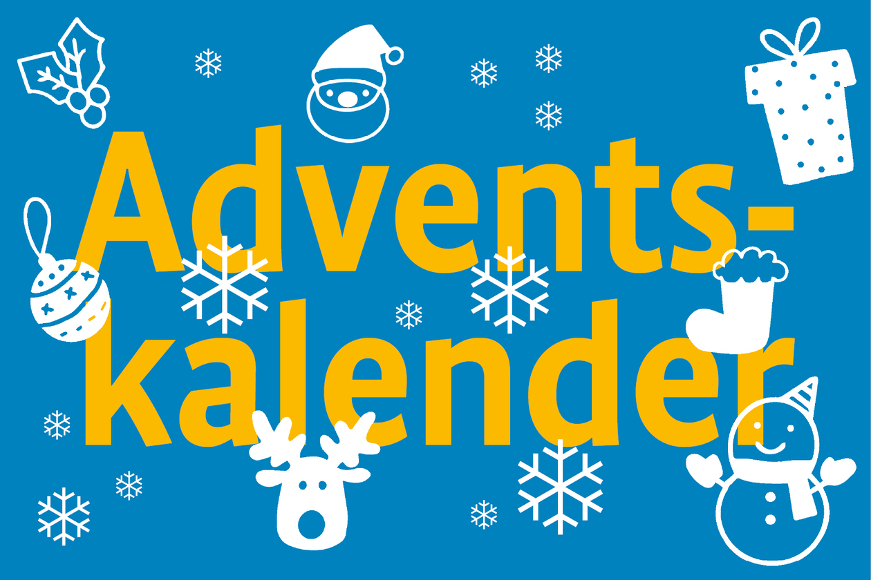 Blauer Hintergrund mit grafischen Weihnachts- Motiven, darüber der Schriftzug "Adventskalender"