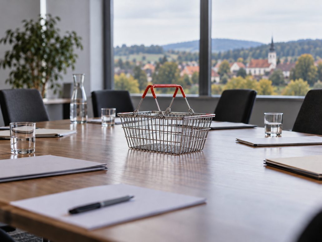Leerer Konferenztisch mit Einkaufskorb
